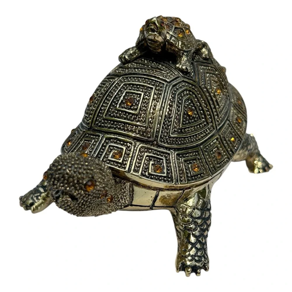 Bombay 3 Piece Turtle Topaz Jeweled Brass Trinket‎ Box Desk Set Vintage Complete